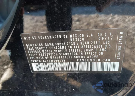 2017 Volkswagen Jetta 1.4T S z USA, uszkodzony, nr VIN 3VW2B7AJ1HM400139